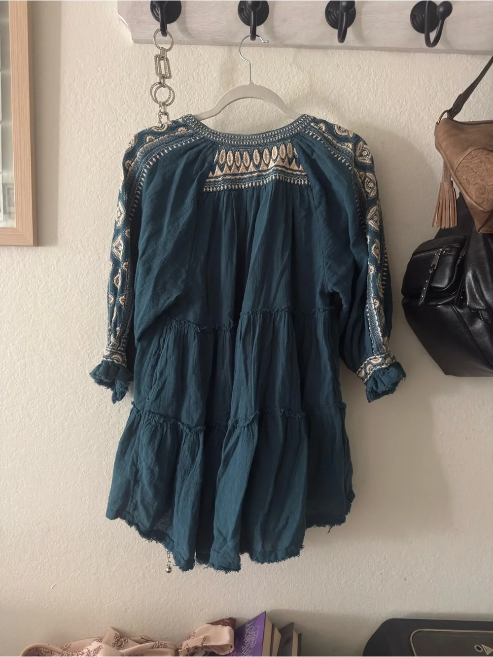 FP Cotton Boho Embroidered V-Neck Tunic Dress - Blue